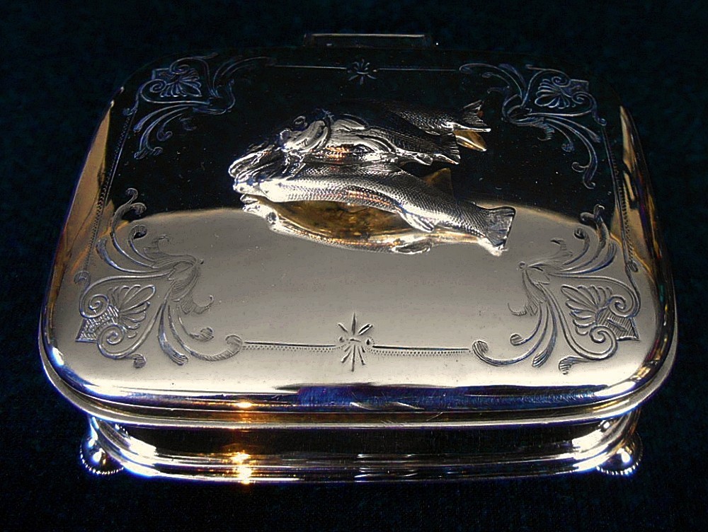 A solid silver sardine serving receptacle, with cast silver fish, Boston, Mass c