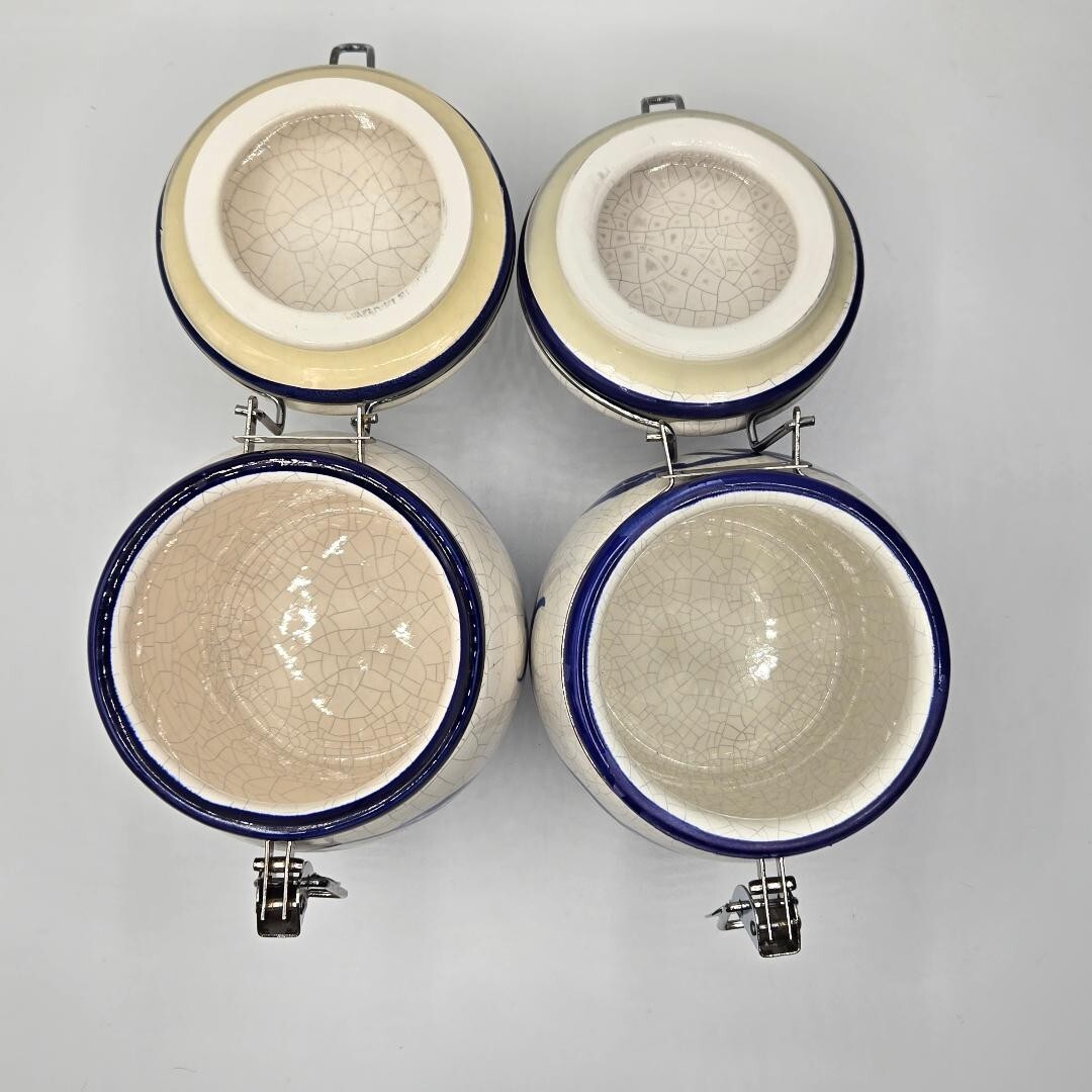 Vintage 80's Delph Blue/White Handpainted Glazed Crackle Canisters w/ Hinged Lid