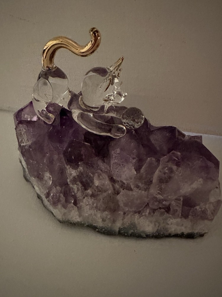 Cat With Rainbow Cut Ball On Amethyst Geode Stone