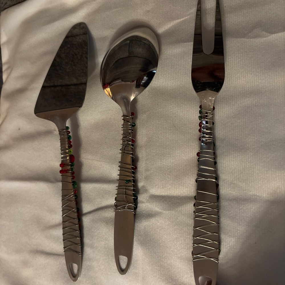beaded cake knife, serving spoon and fork