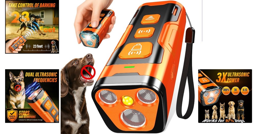 Effective 3X Ultrasonic Dog Trainer - 6 Modes, 23 FT Range for Safe Bark Control