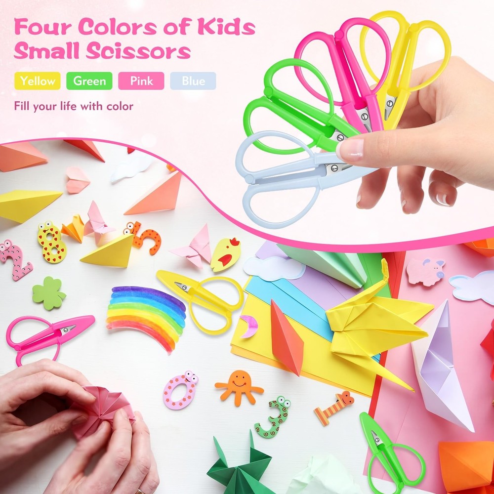 4 Pack Mini Scissors - Small Sharp 2.56" x 1.65", Yellow, Pink, Green