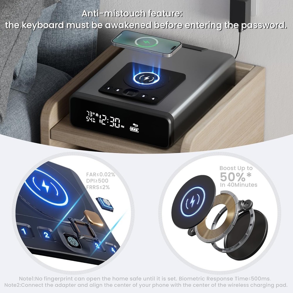 Biometric Discreet Gun Safe with 12-Hour Time Clock Display, Wireless Charging