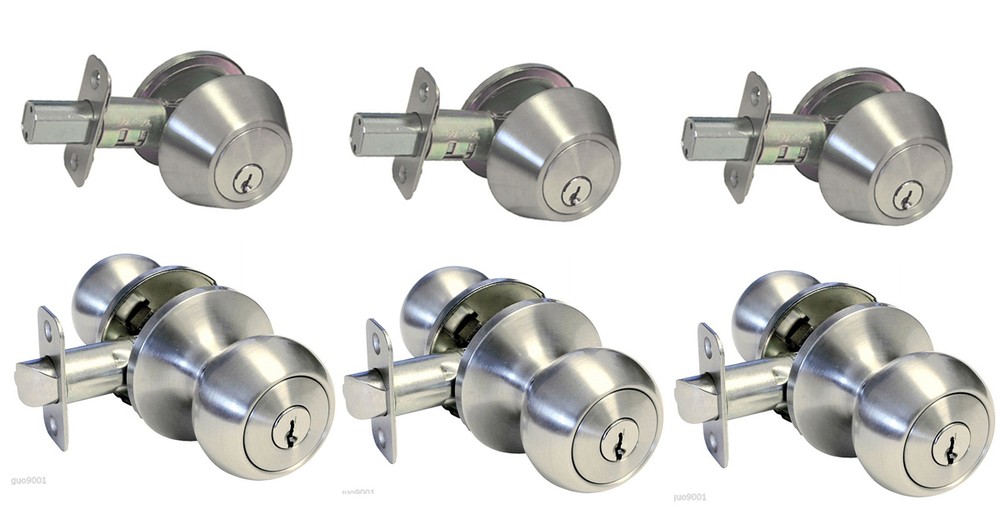 3 Satin Nickel Door Knobs Locks Entry Keyed with Deadbolt Locks Lock Knob Lever