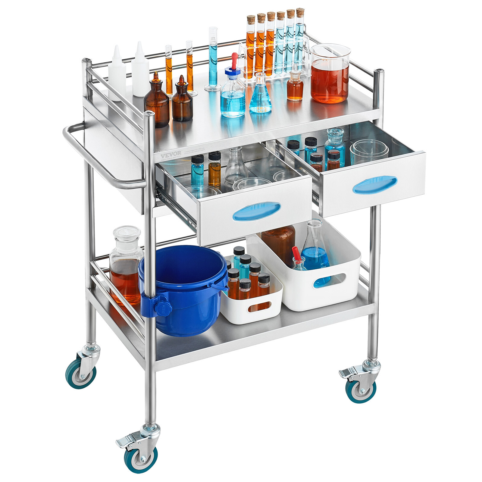 VEVOR Medical Dental Lab Serving Cart Trolley 2-Drawer Portable Stainless Steel
