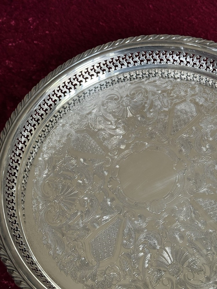 VTG Silver-plate 13” Tray Oneida USA with Scroll Etching Raised Rim Pierced.