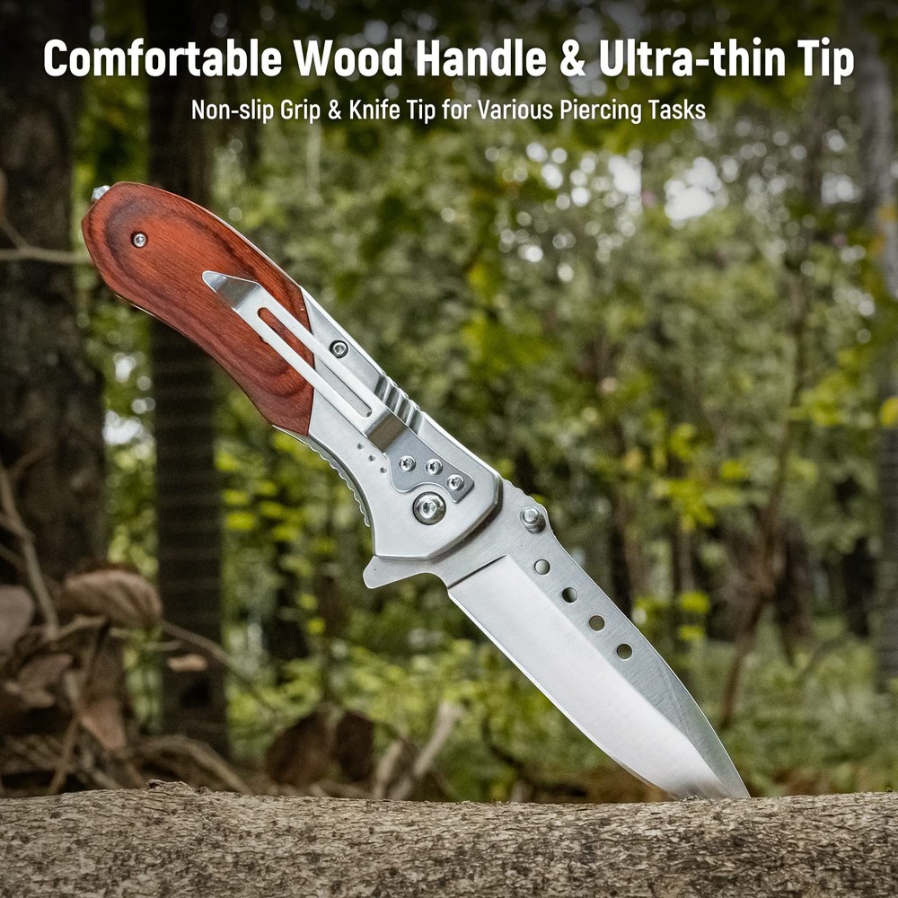 Pocket Knife for Men - Sharp Blade Wood Handle Pocket Folding Knives with Cli...