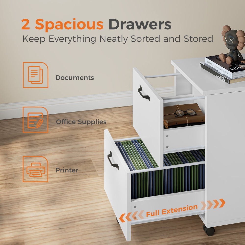 2-Drawer Rolling File Cabinet with Lockable Wheels, Printer Stand with Storage
