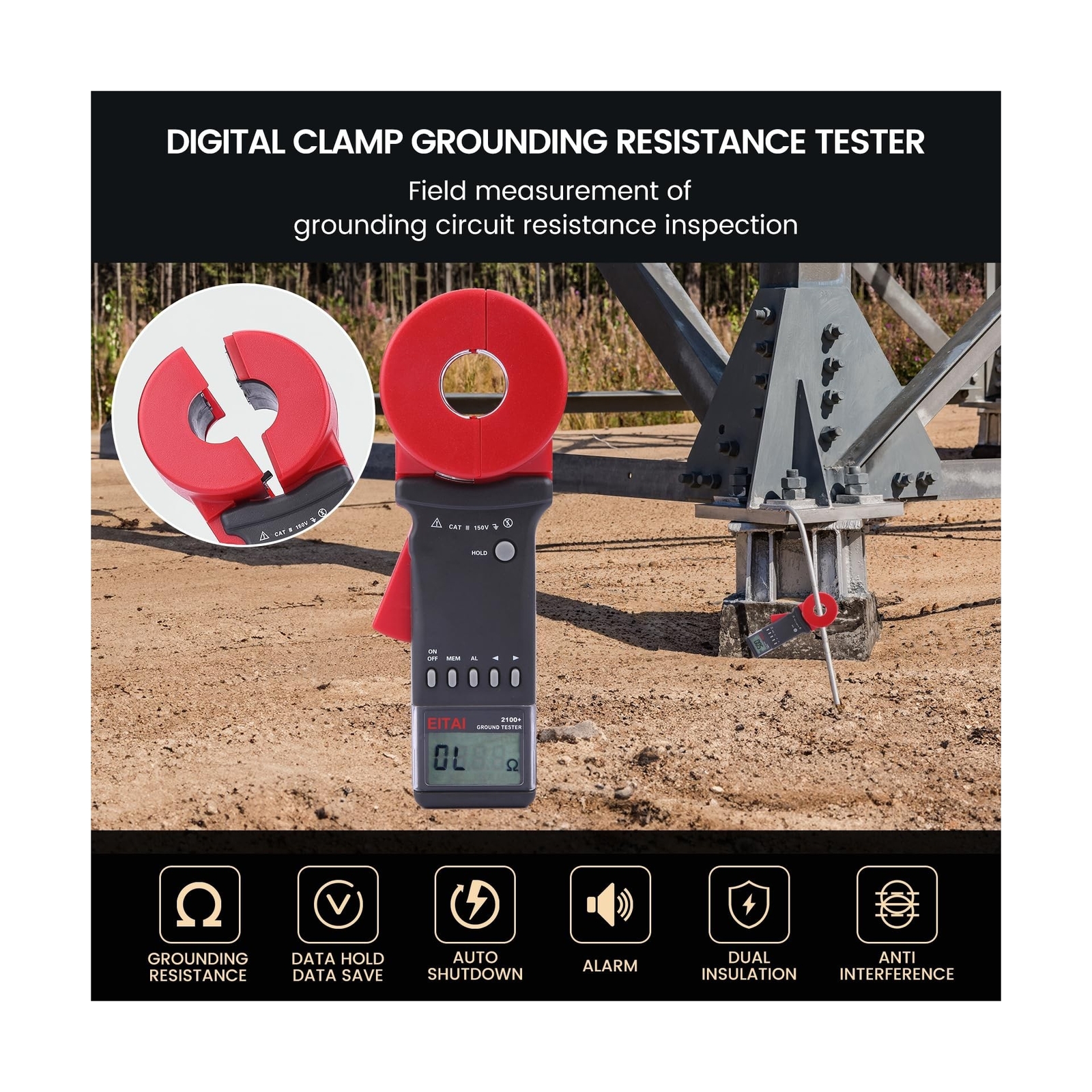 ETCR2100+ Digital Clamp Ground Earth Resistance Meter Tester 0.01Ω-1200]