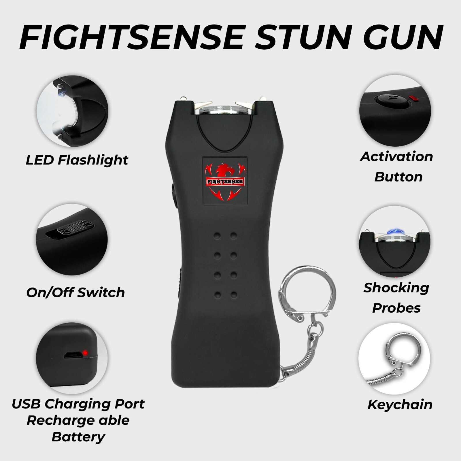 FIGHTSENSE Rechargeable Stun Gun 10 Mil Volts With Led Light Extremely Powerful