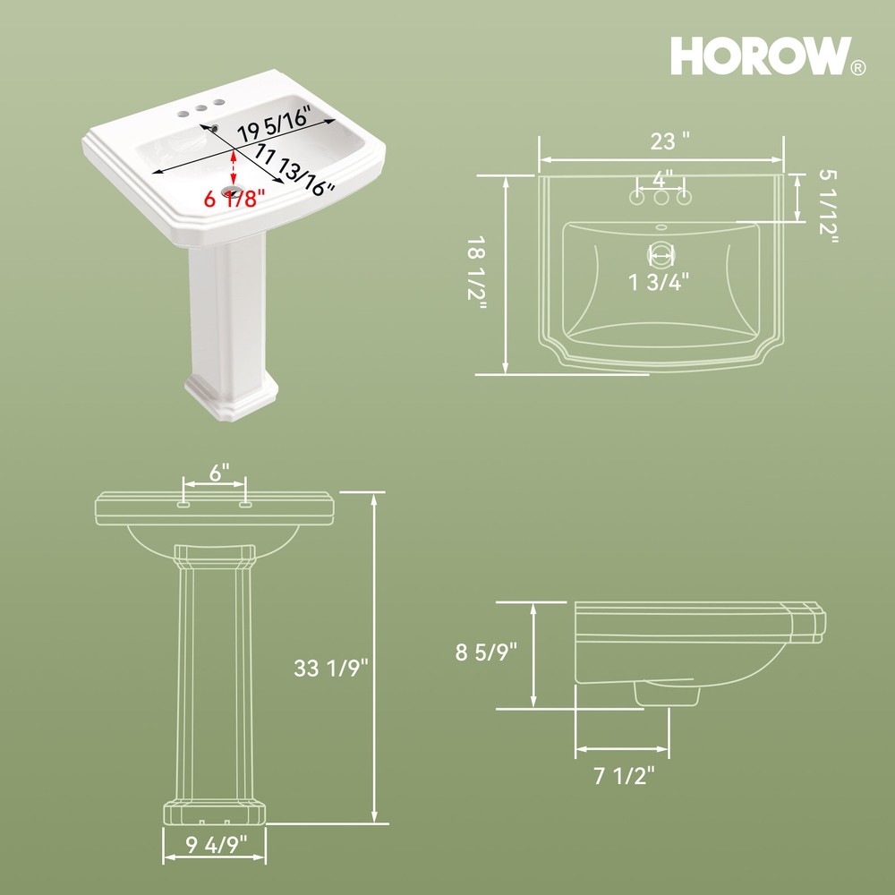 HOROW 23 x 19 Inch Pedestal Sink Large Bathroom Sink Combo, Rectangular White