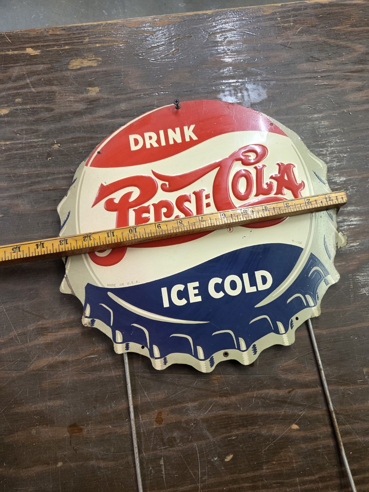 1940’s Embossed Double Dot Pepsi Cola Bottle Cap Sign Rack Topper