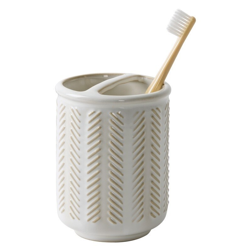 Ceramic Toothbrush Holder Rustic Textured Design Herringbone Bathroom Accessory