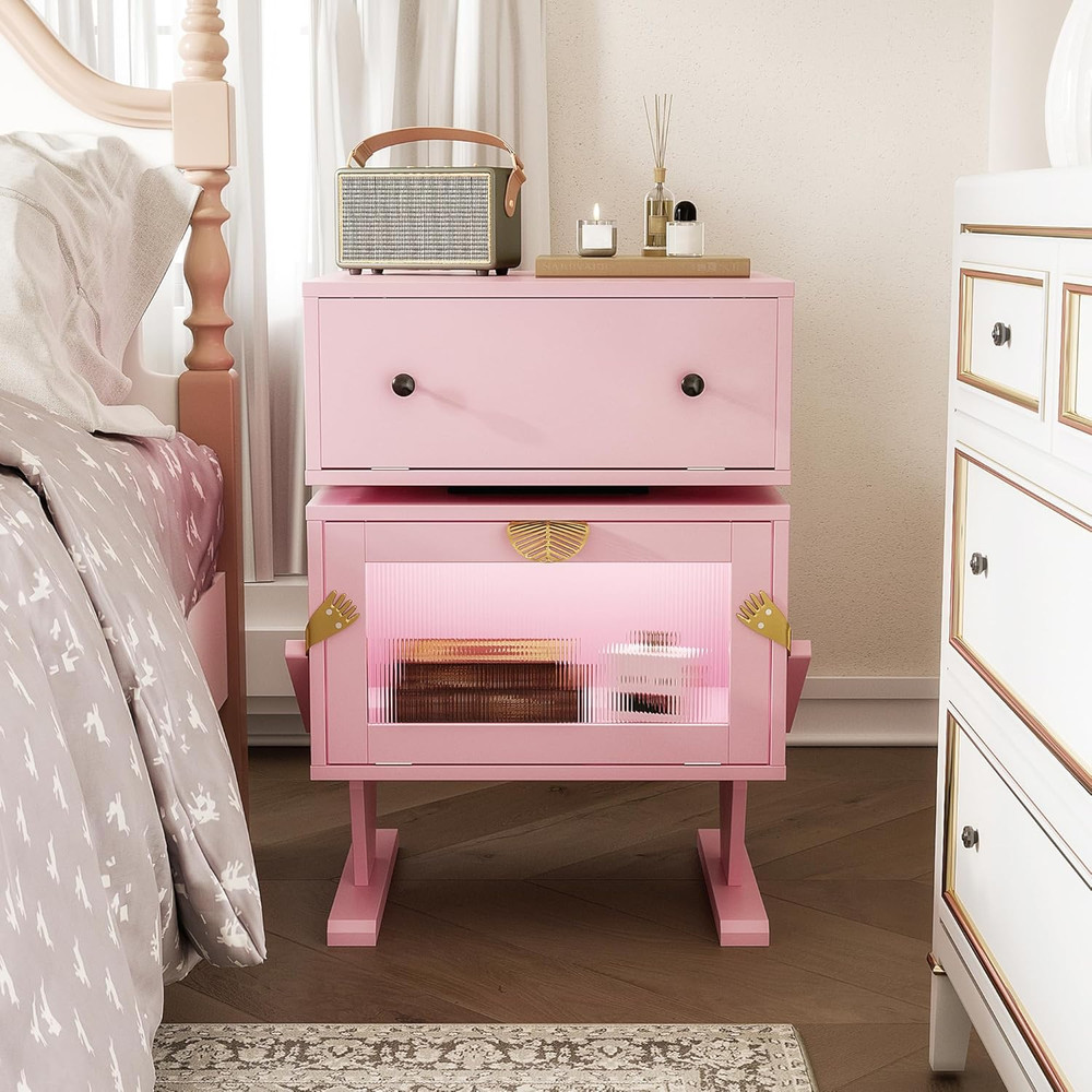 Modern Pink End Table with LED Light, Rotating Drawer & Storage