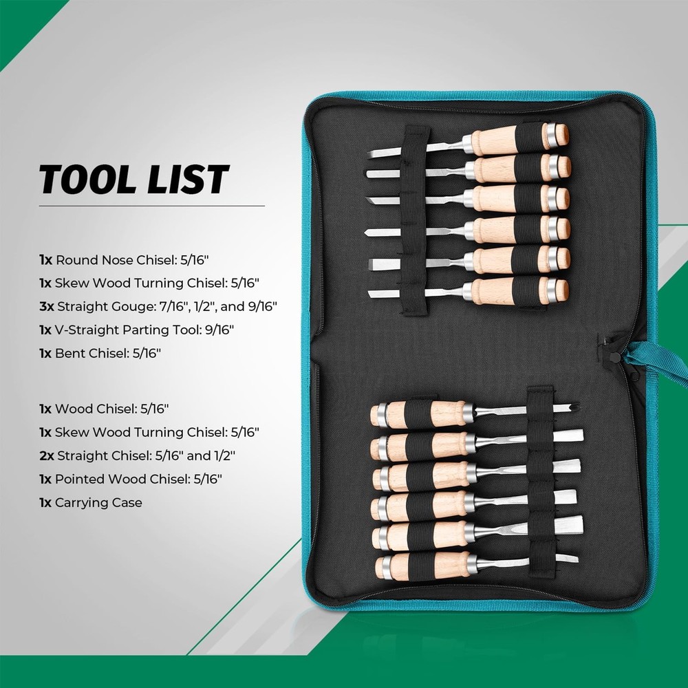 12 PCS Wood Carving Chisel Set Sharp Woodworking Tools Case Storage DIY