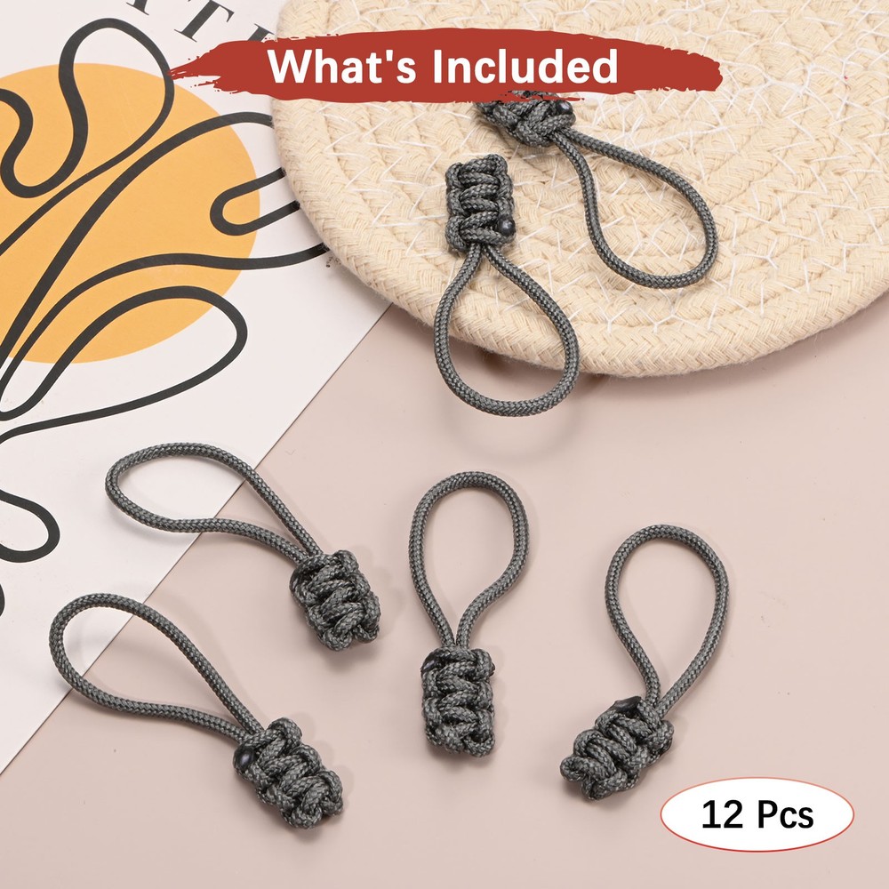 Zipper Pull Replacement [12PCS] - Extender Woven Rope Zipper Heads - [Gray]