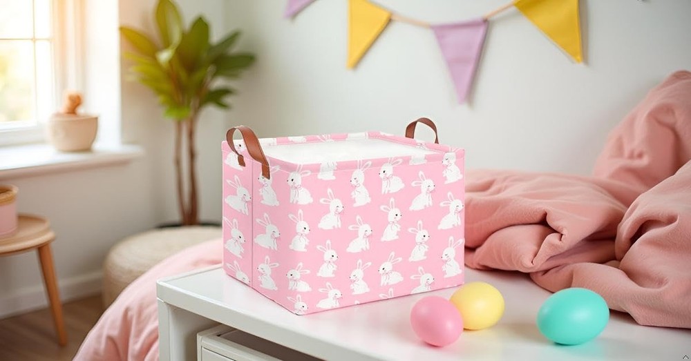 CLOCOR Rectangular Pink Easter Gift Basket Empty,Waterproof Bunny