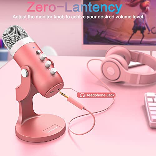 Gaming USB Pink Microphone with Quick Mute for Phone Computer PC PS5,Studio