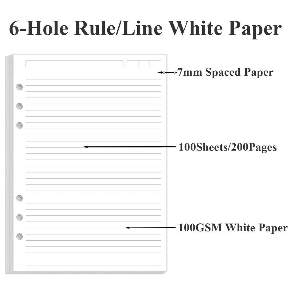 A5 Refill Paper - 6 Hole Planner Inserts for Binder, 200 Pages 6 White