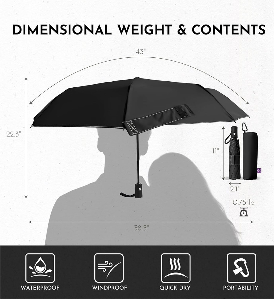 Compact Travel Windproof Umbrella, 43" Auto open/close Folding Quick Dry Umbrell