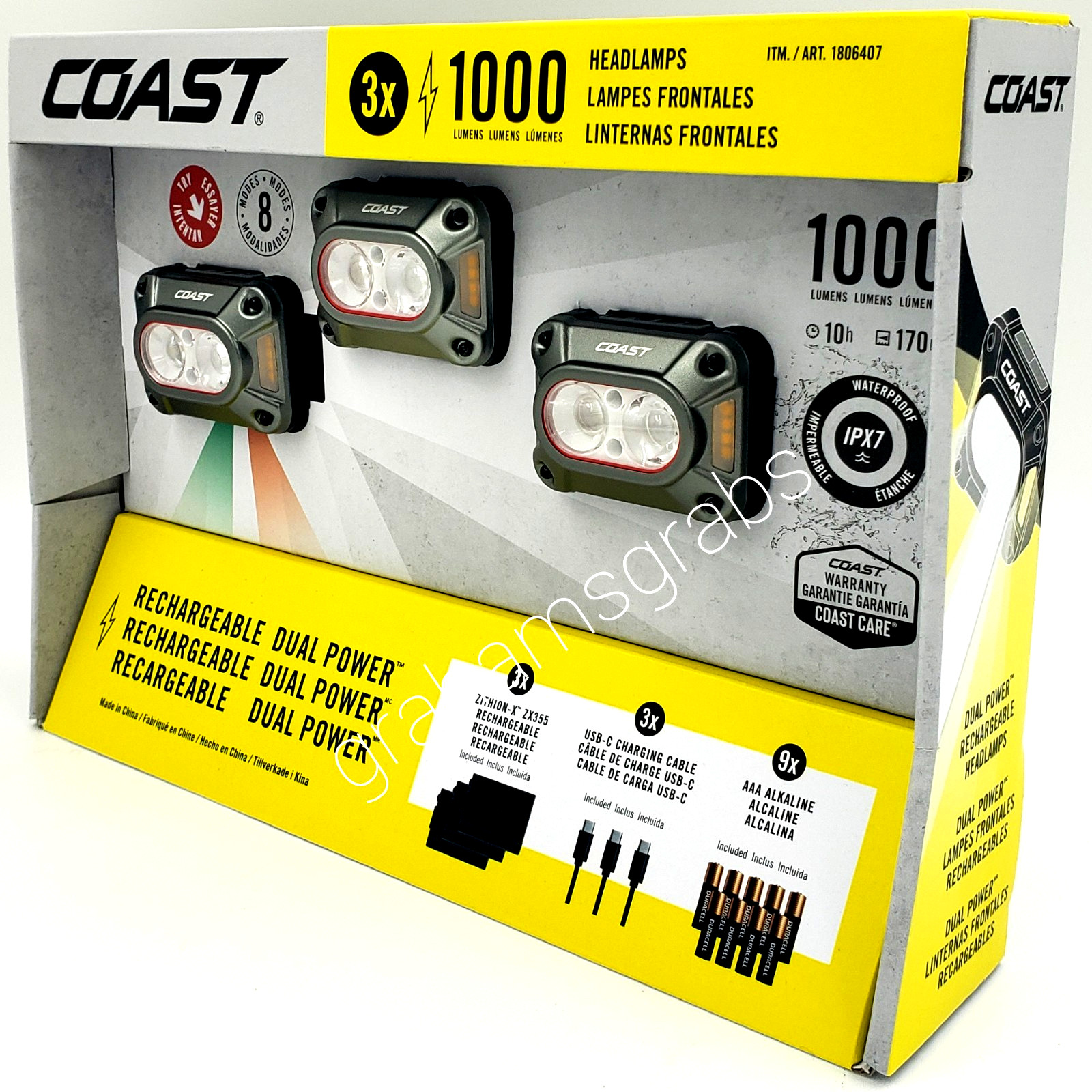 COAST CH1000R 1000-Lumen HEADLAMP 3 Ct. RECHARGEABLE DUAL POWER IPX7 WATERPROOF
