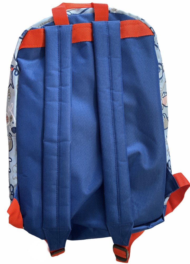 Trailmaker Dogs Printed Backpack - Adjustable Padded Straps, Blue/Red 17 inch