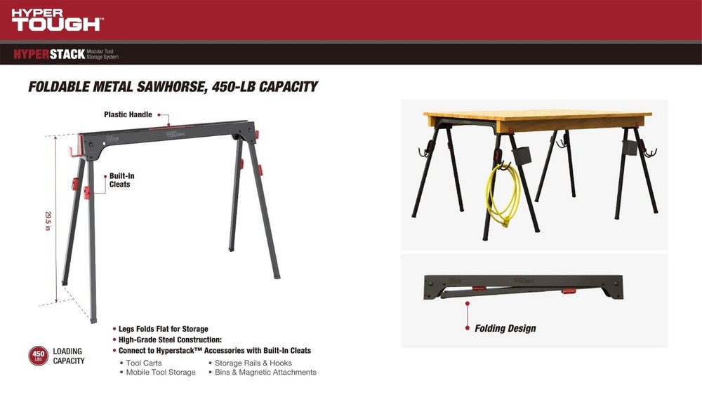 NIB 100% Hyper Tough Metal Sawhorse Foldable 450-lb Capacity Hyper Stack