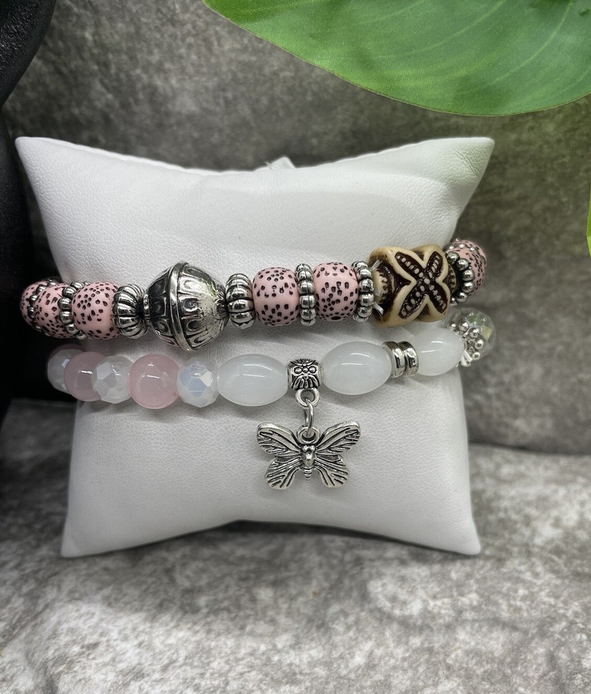 2 PC Handmade Boho Beaded Stackable 6.5” Plus Stretch Bracelet Set New B1236