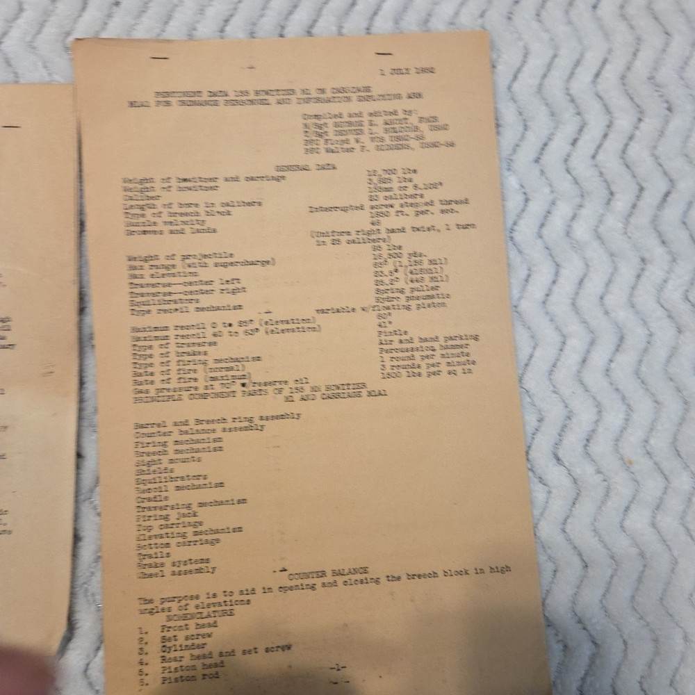 WW2 Navy Ship Document 155mm Howitzer Pertinent Data Sheet USMC