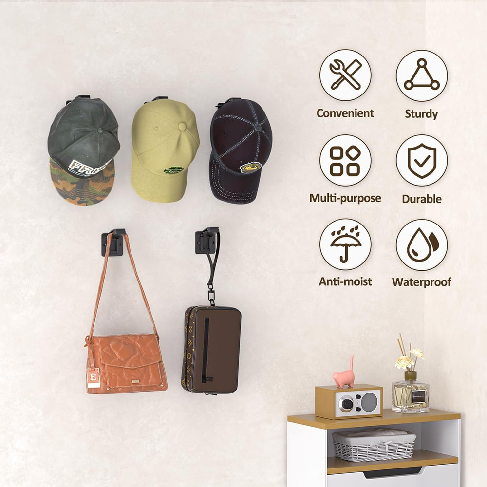 Hat Hooks for Wall 5 Pack Adhesive Hat Rack for Baseball Cap Wall Drill Cap H...
