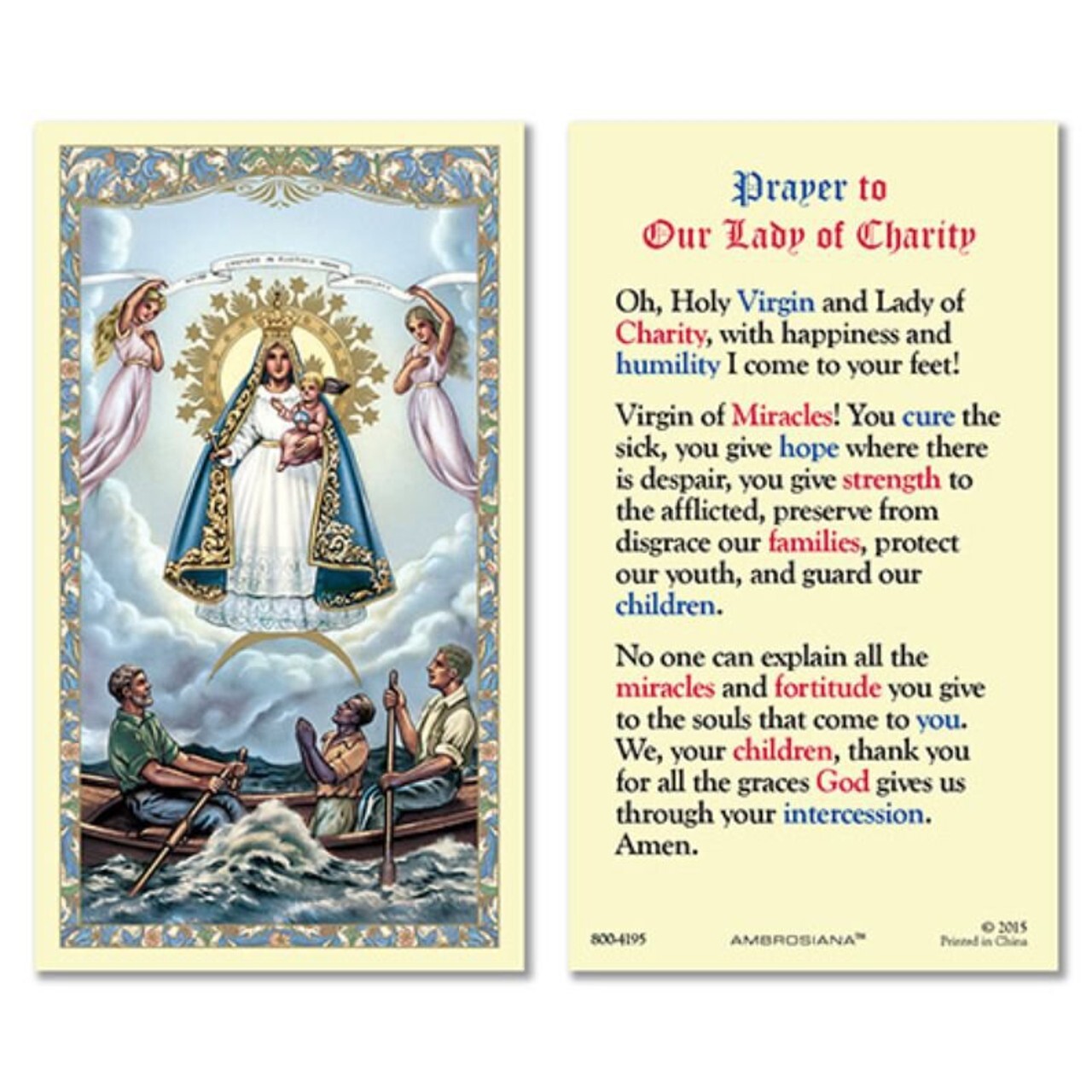 Laminated Prayer to Our Lady of Charity Caridad del Cobre Laminated Holy Card