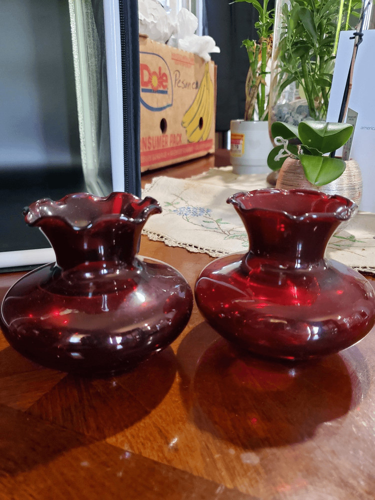 Two anchor Hocking Ruby Red bud vases