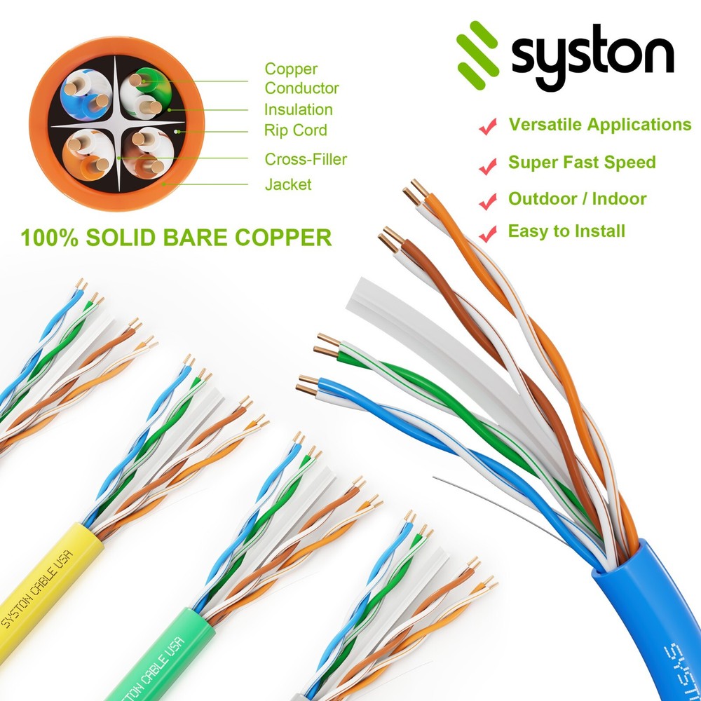 Syston Cat 6E Ethernet Network Cable 600MHz 23AWG UTP Solid Copper Wire-CMP Bulk
