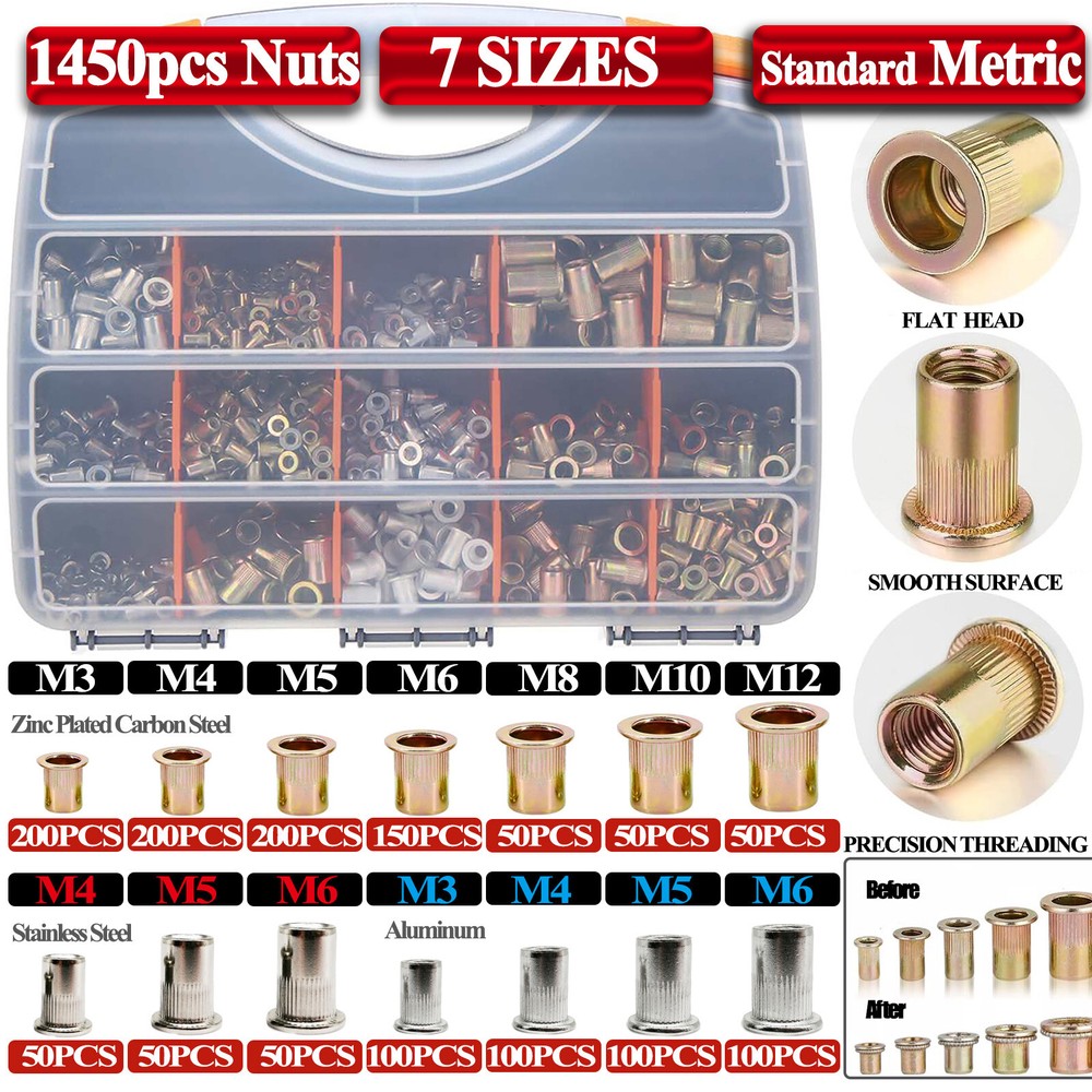 1450PCS Rivet Nut Kit to Rivnut Tool Nut Setter Gun Thread Setting Nutsert Tool