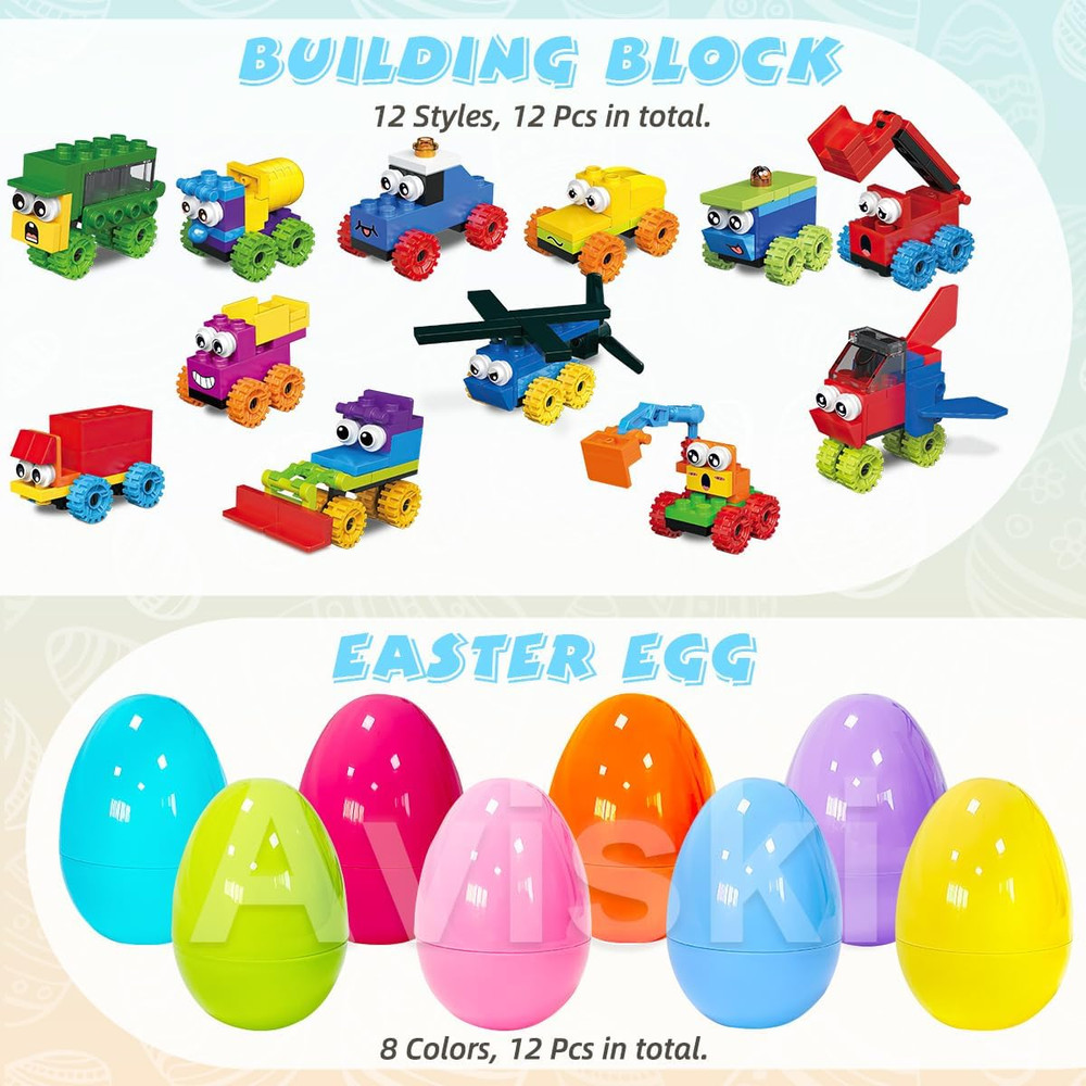12 Pack Easter Plastic Eggs with Car Building Blocks for Easter Theme Party Favo
