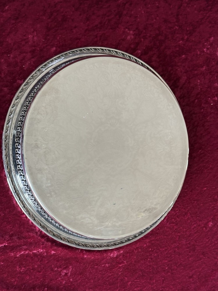VTG Silver-plate 13” Tray Oneida USA with Scroll Etching Raised Rim Pierced.