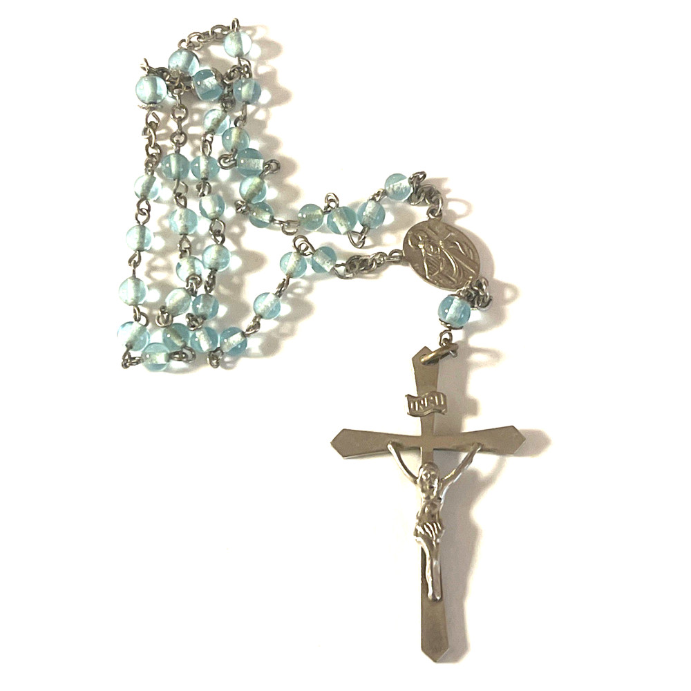 Light Blue Silvertone Christian Catholic Rosary Bead Necklace
