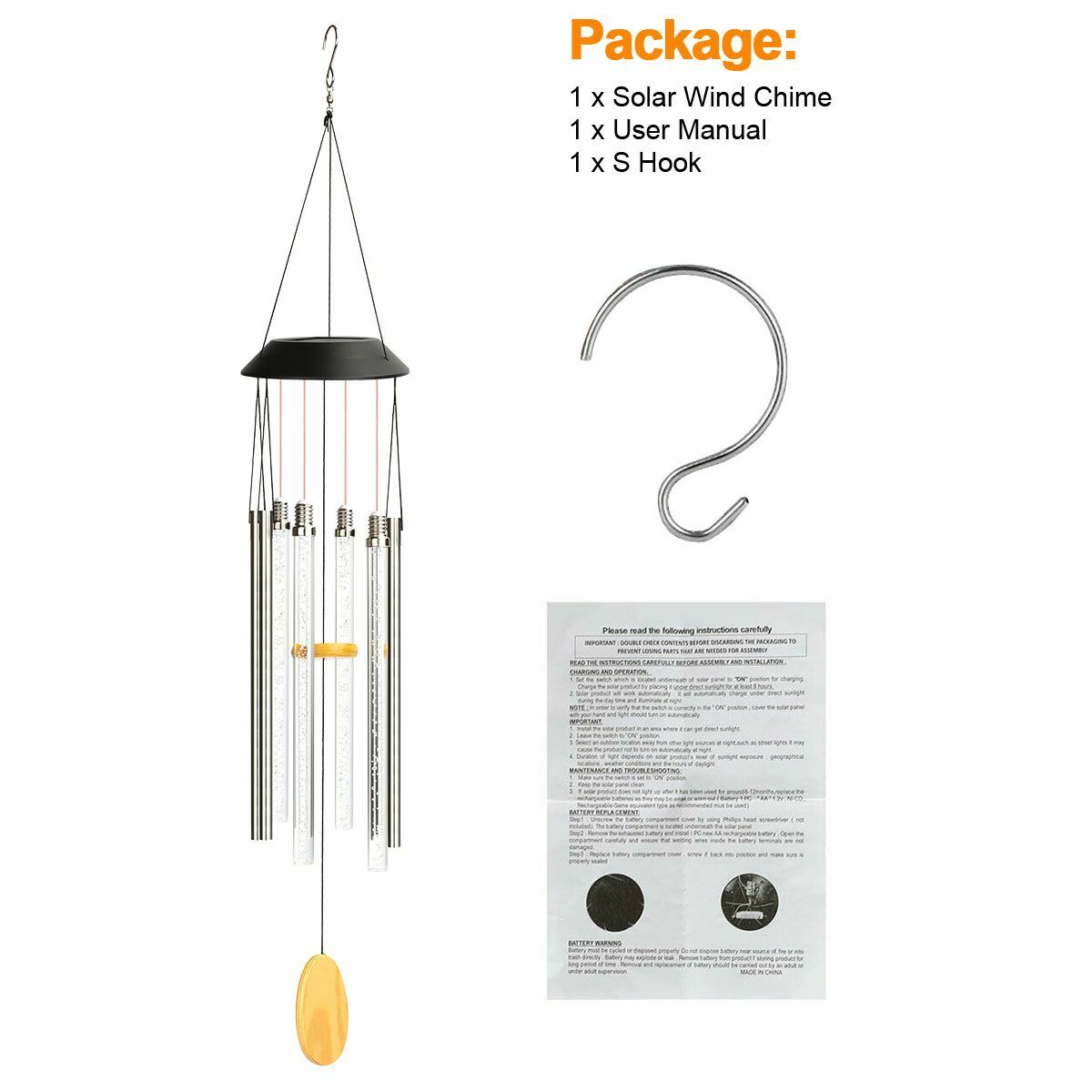 Solar Wind Chimes Color Changing LED Lights Large Deep Tone Resonant Bell Tubes