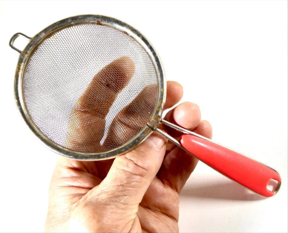 Vintage Tiny Hand Held Sifter or Sieve Fine Mesh Red Handle