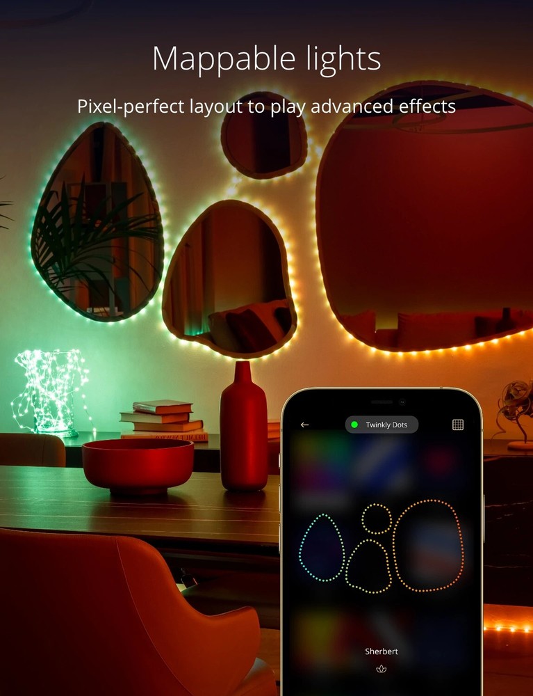 Twinkly Dots Black Wire Light String, Multicolor, 200 RGB LED, 33ft