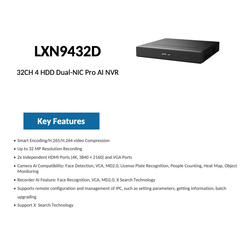 LXN9432D IP 32CH Up to 32MP Recording 384 Mbps Ai 4K 4xSATA 2xHDMI X Search NVR
