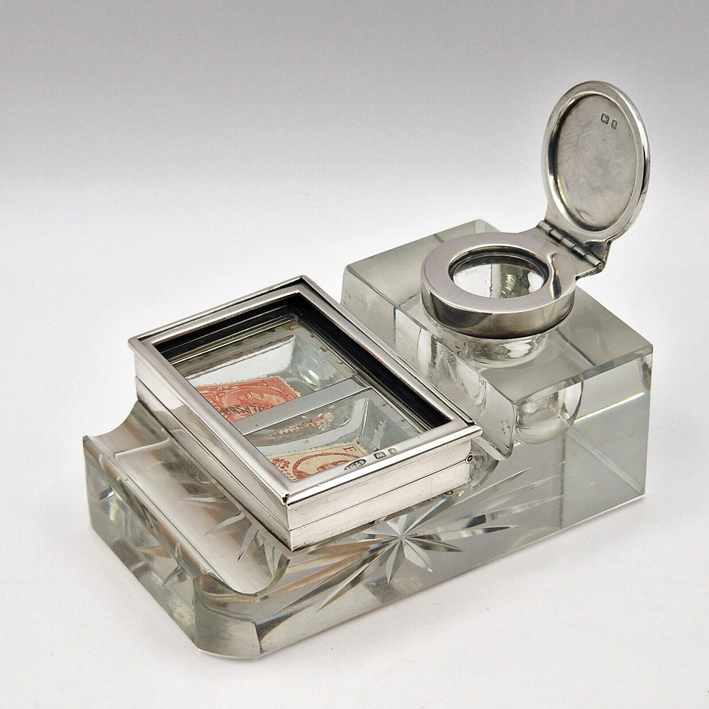 Antique Edwardian Solid Silver Mounted Glass Inkwell, Stamp Box & Pen Rest