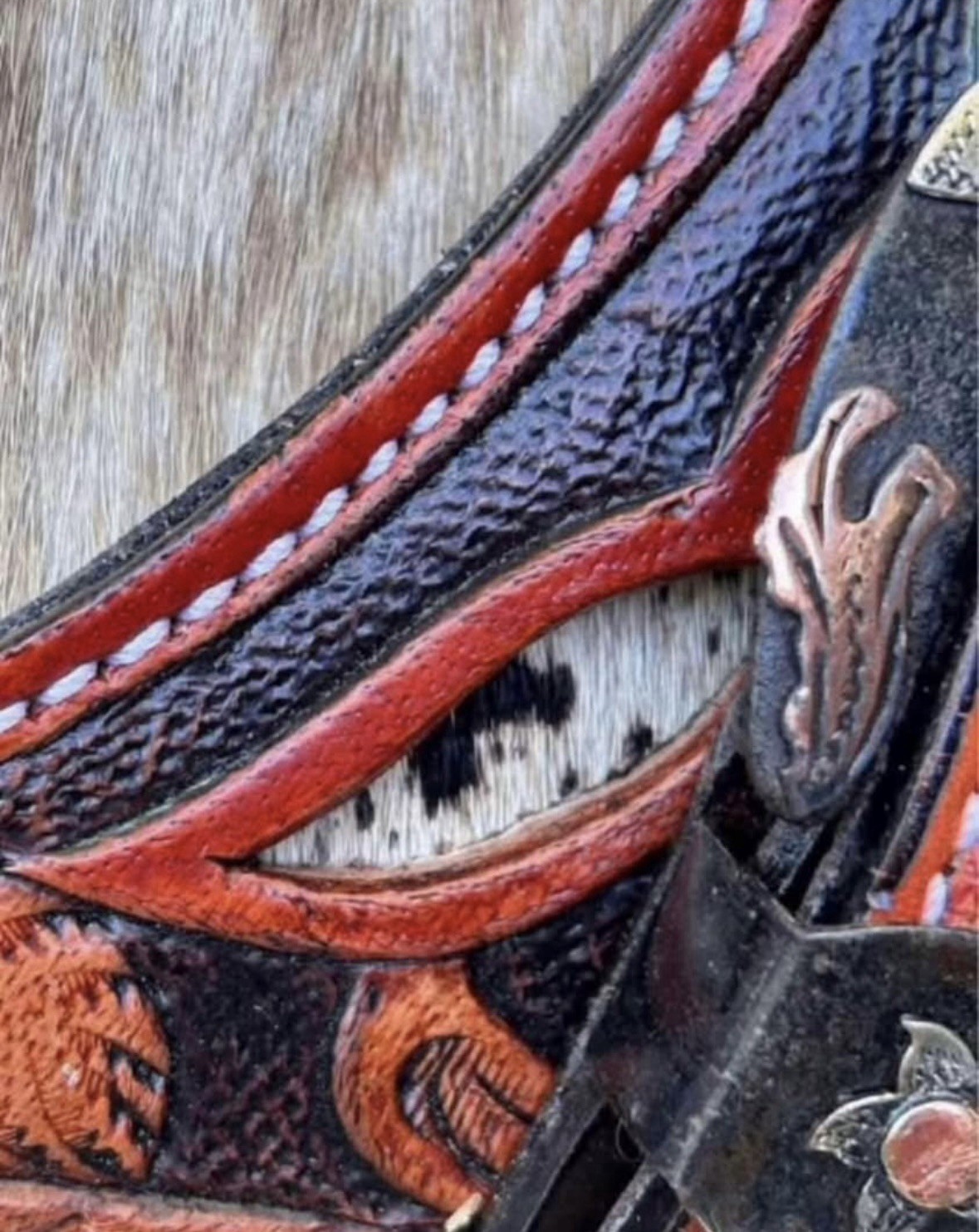 Adult Size Tooled Top Grain Leather Hair On Cowhide Western PAIR Spur Straps