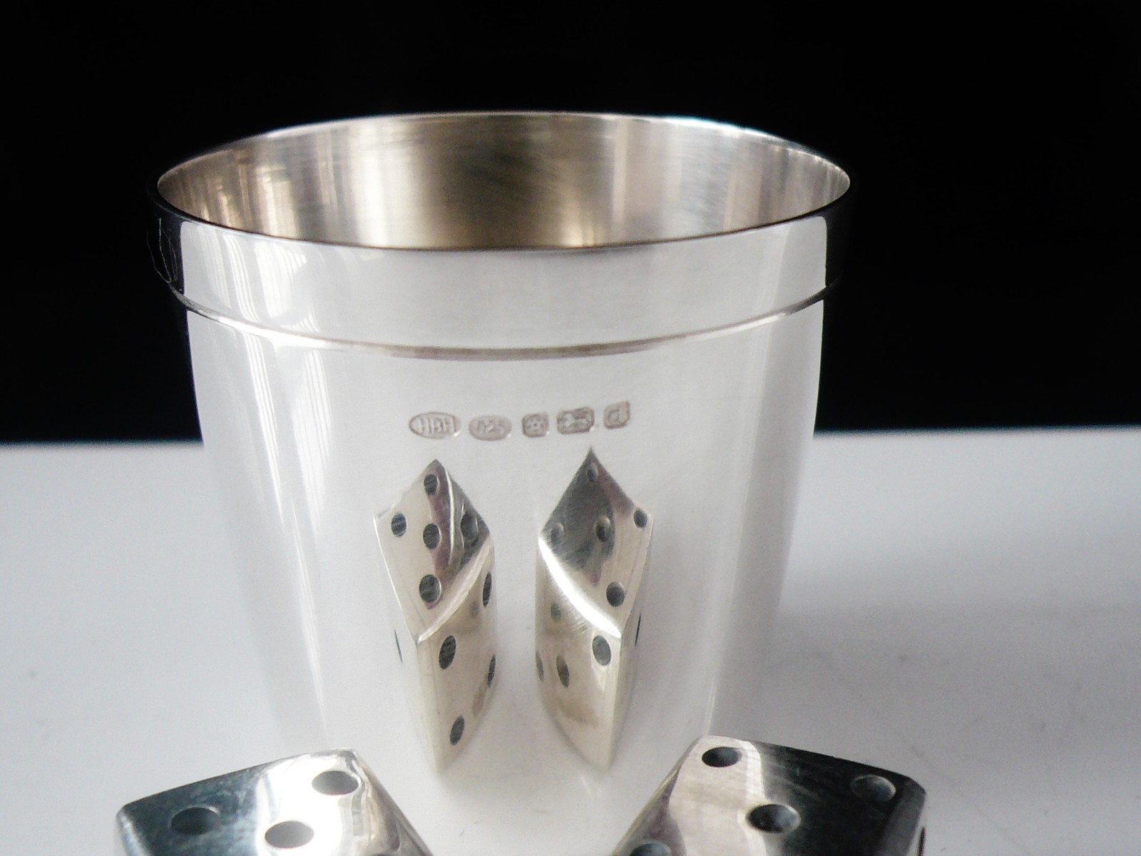 Cased Sterling Silver Dice Shaker Cup with Dice, Sheffield 2003