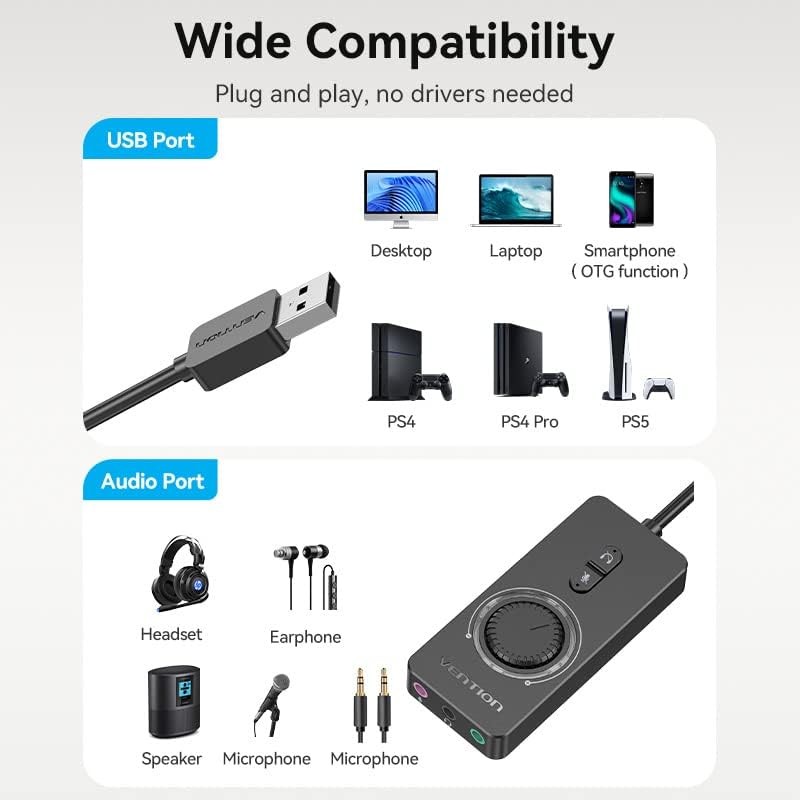 VENTION USB Sound Card, External Stereo Card with Volume Three Jack