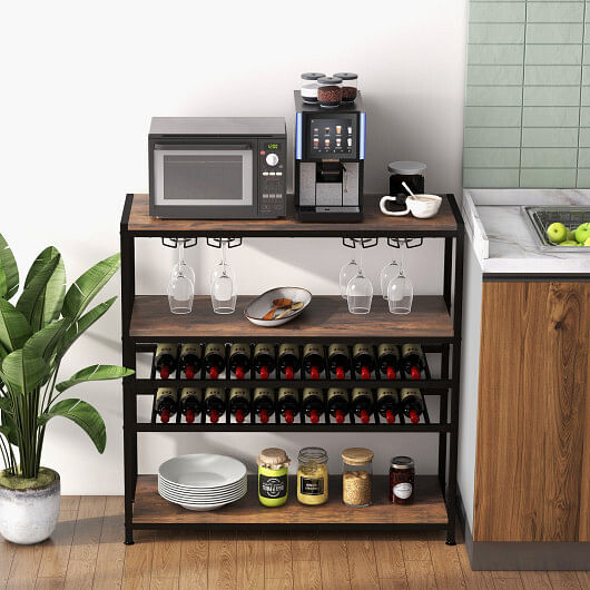 5-tier Wine Rack Table with Glasses Holder - Color: Rustic Brown