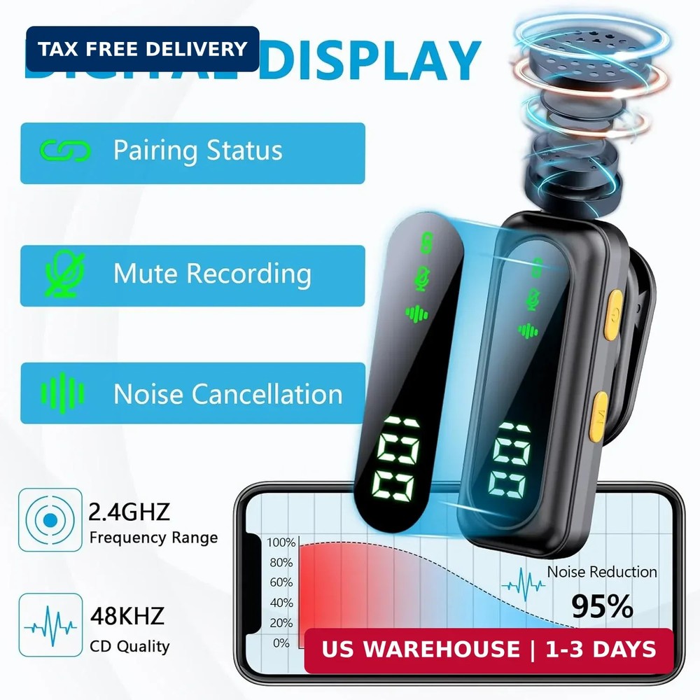 Mini Microphone for iPhone 15 16/iOS/Android Devices, LED Display Wireless Micro