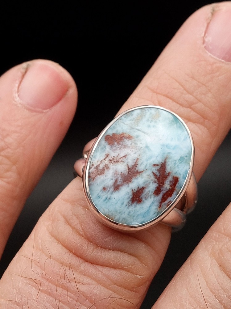 Handmade Wide Oval Dendritic Larimar Ring - Size 7