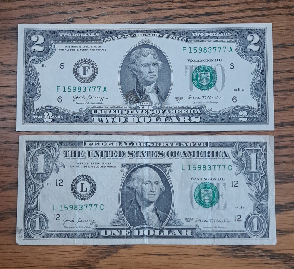 MATCHING $1 & $2 DOLLAR NOTES! –SAME SERIALS -