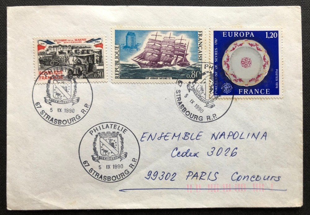 France 1990 envelope with three stamps